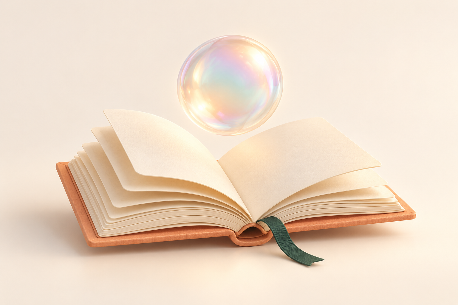 Illustration conceptuelle : un livre abricot ouvert et une bulle nacrée lumineuse